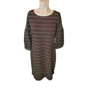 Talbots Black Silver Puff Sleeve Metallic Stripe Knit Shift Dress sz Sm NEW